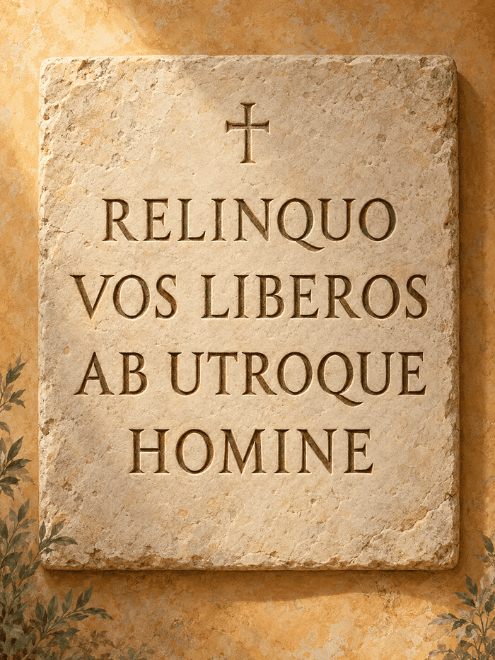 Надпись на камне: Relinquo vos liberos ab utroque homine — Оставляю вас свободными от того и другого человека